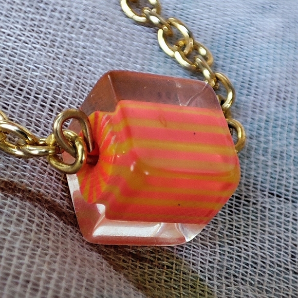 Lucite Ice Cube Orange Square Gold Tone Extra Long Necklace Polymer Millifiore - Picture 7 of 7